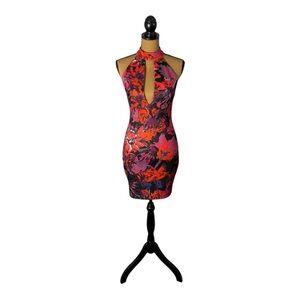 Y2K Bebe Floral Mini Dress Women’s Extra Small Red Bodycon Clubcore Dopamine